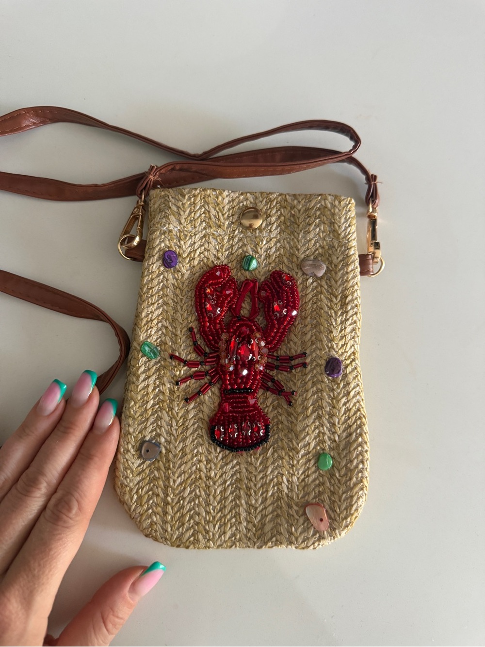 Straw Crossbody Phone Bag with Red Lobster Beadwork